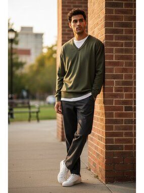 L.L. Bean Mens Green V Neck Sweater Y2K Cashmere Blend